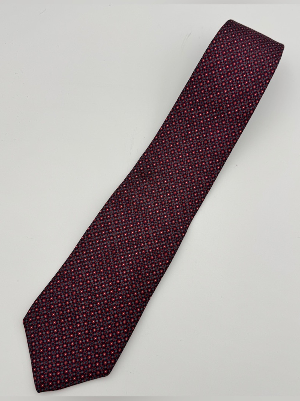 Aquascutum London Silk Tie Red Grey Blue Geometric Medallions England VTG